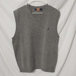 Great Cond. Nautica Classic Golf V Neck Gray Sweater 100% Lambswool Men's XL